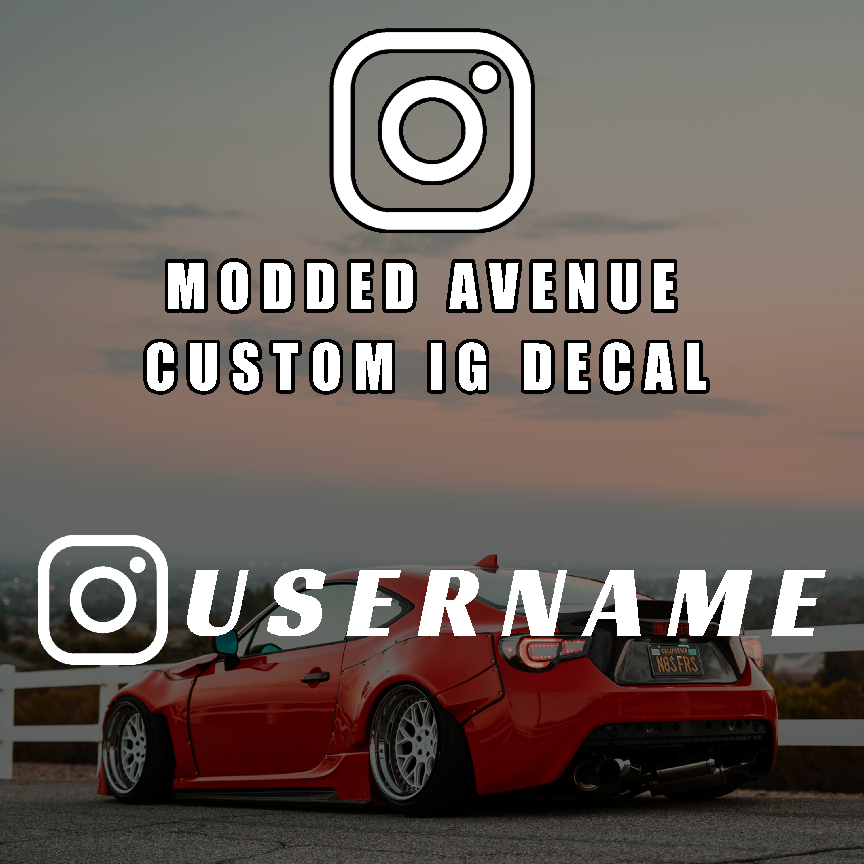 custom social media decals featuring a car and personalized Instagram username