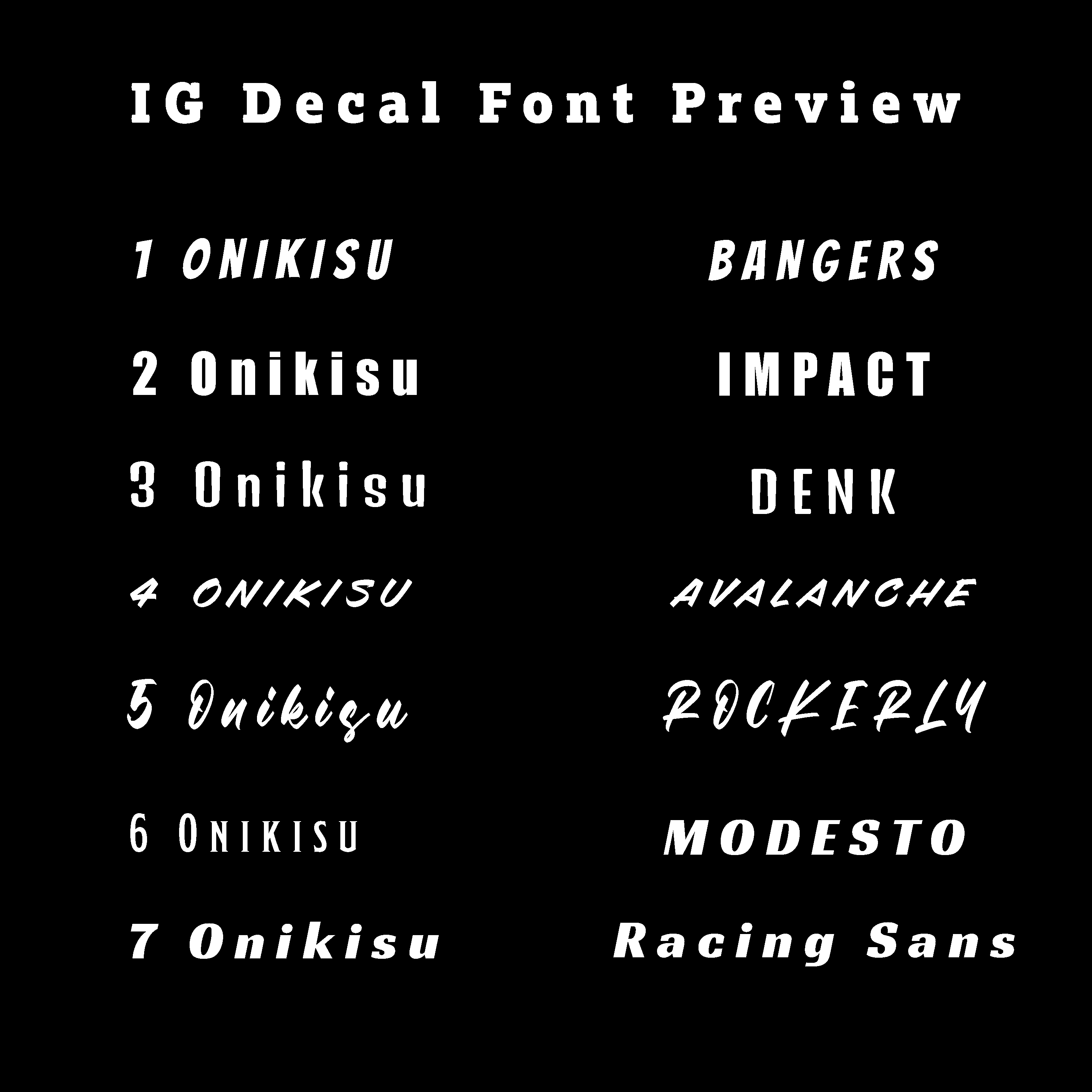 Font preview for custom social media decals showcasing various styles including Onikisu, Bangers, and more.